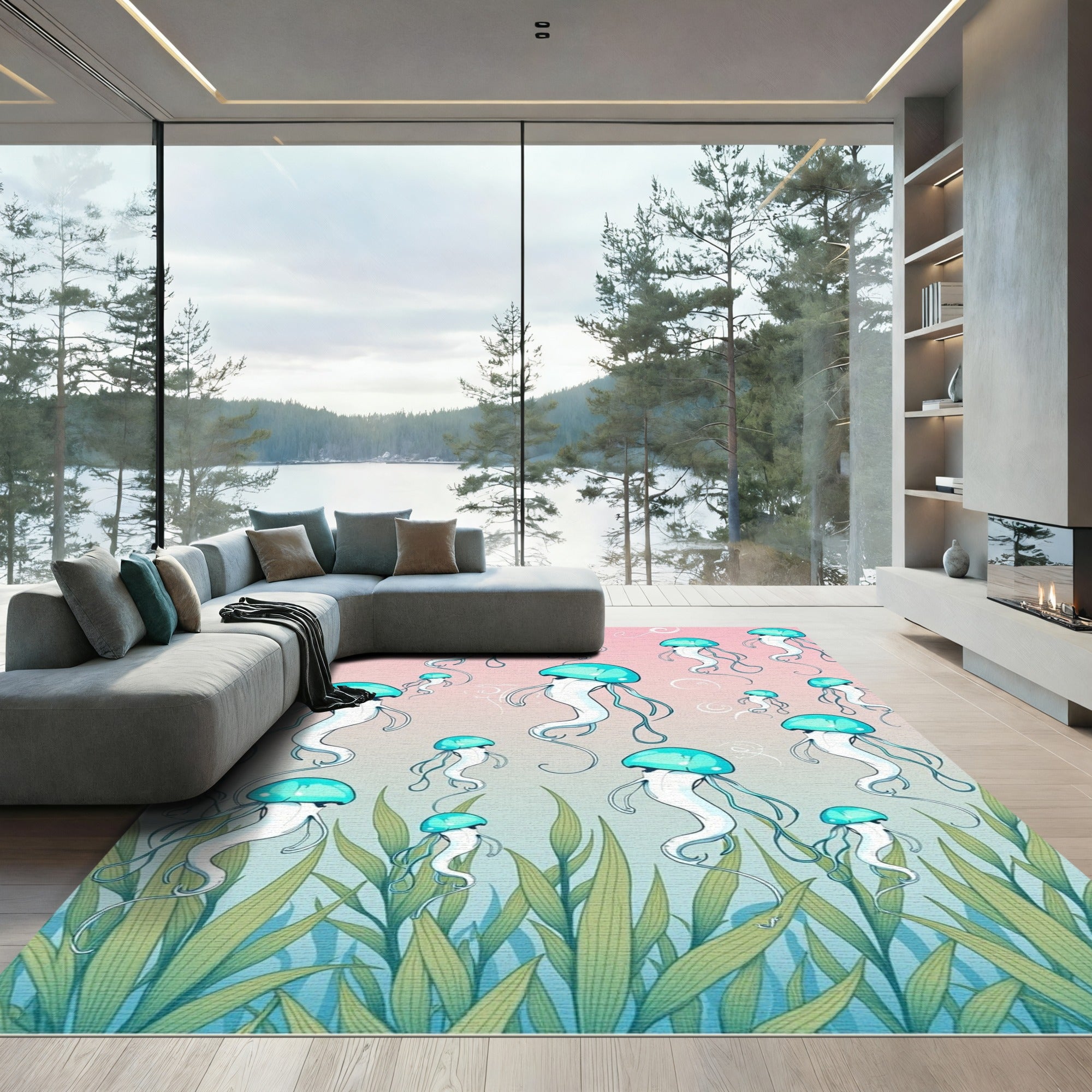 Teal Jellyfish Ocean Grass Bloom Rug