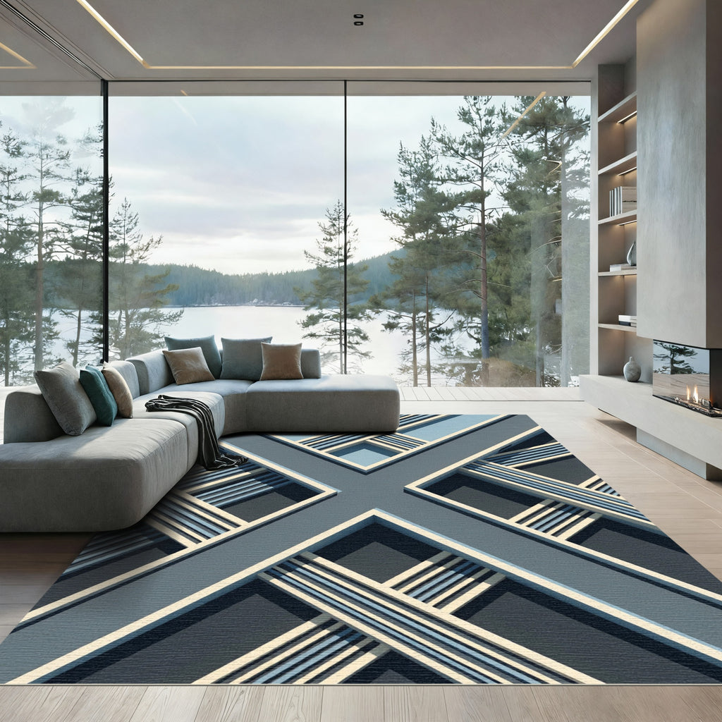 Modern Geometric Blue Cross Linear Rug