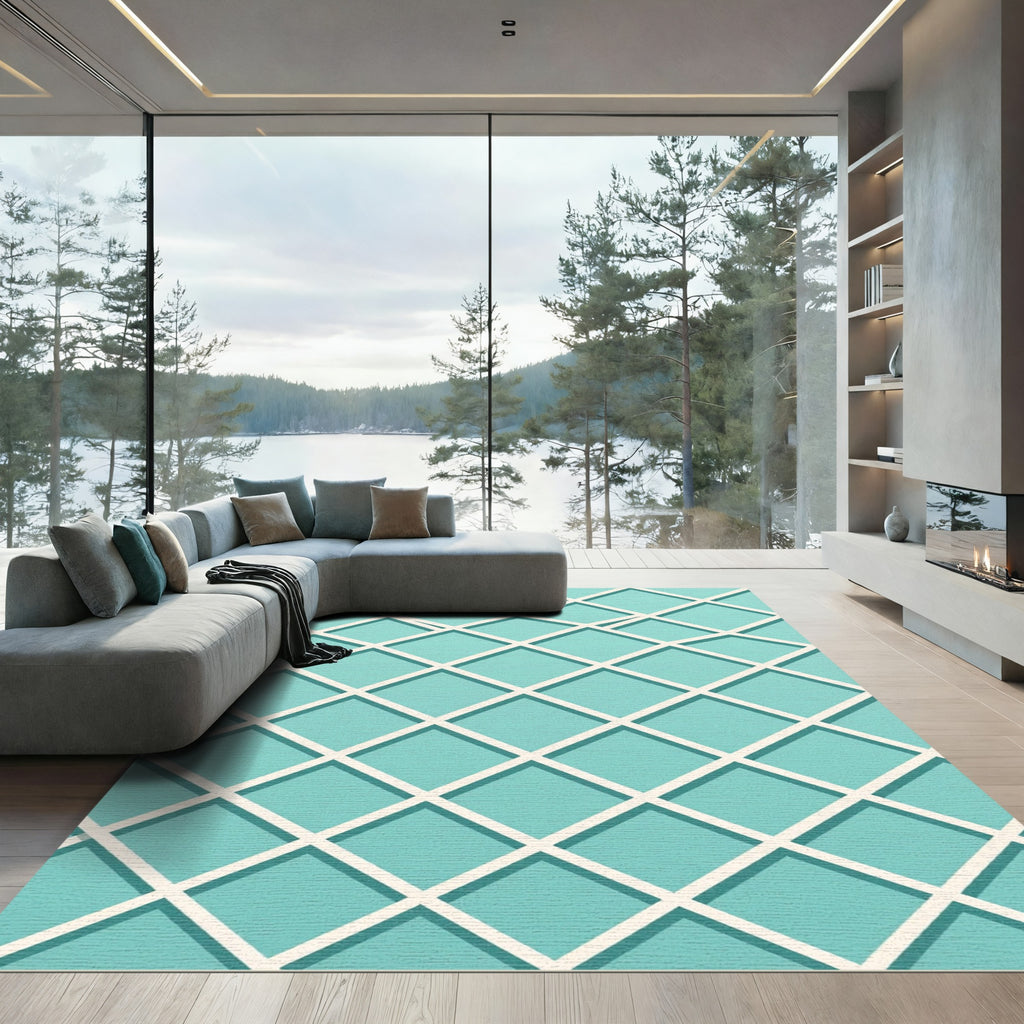 Aquamarine Geometric Lattice Grid Diamond Rug