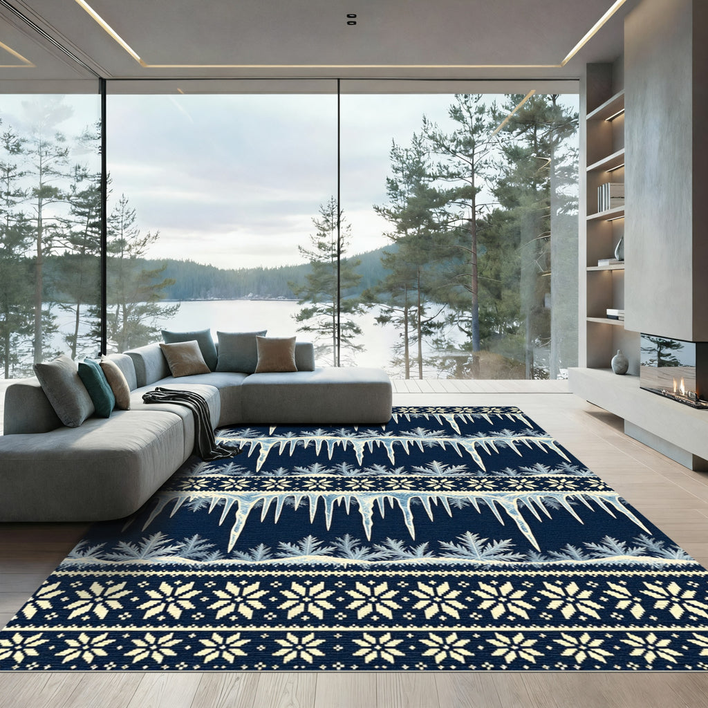 Navy Winter Icicle Snowflake Stripe Rug