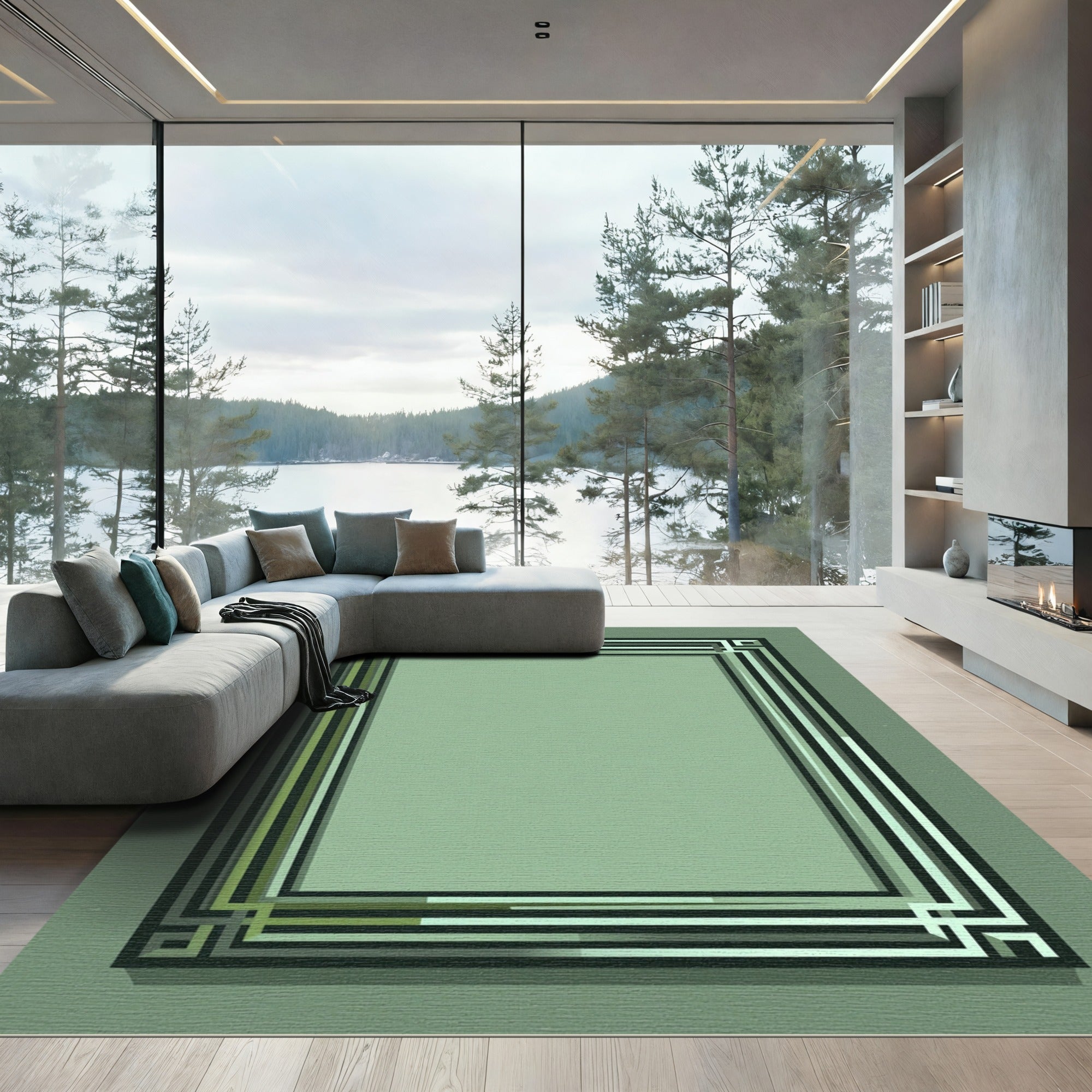 Green Black Geometric Border Rectangular Rug