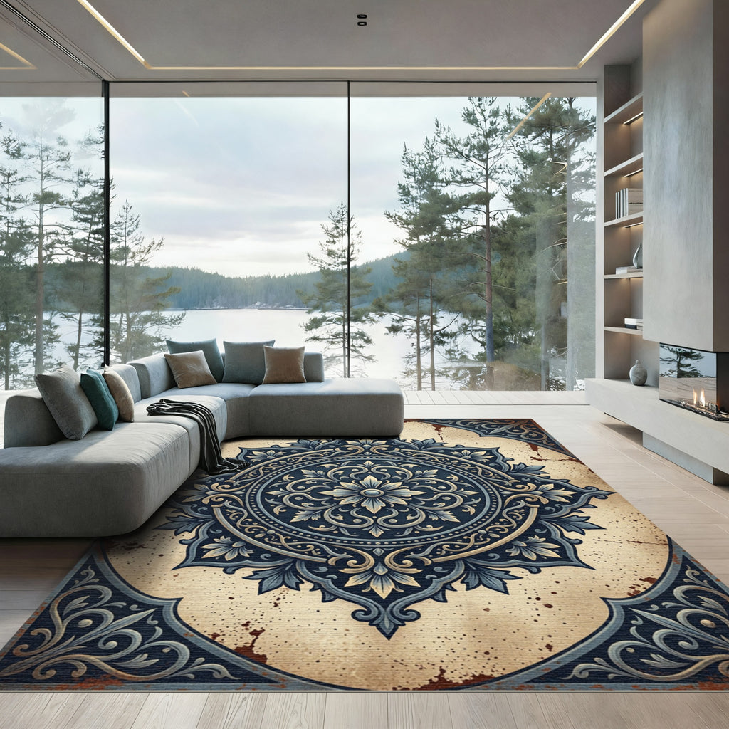 Ornate Indigo Floral Medallion Rug