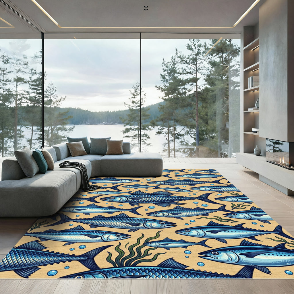 Blue Fish School Repeating Design Rug