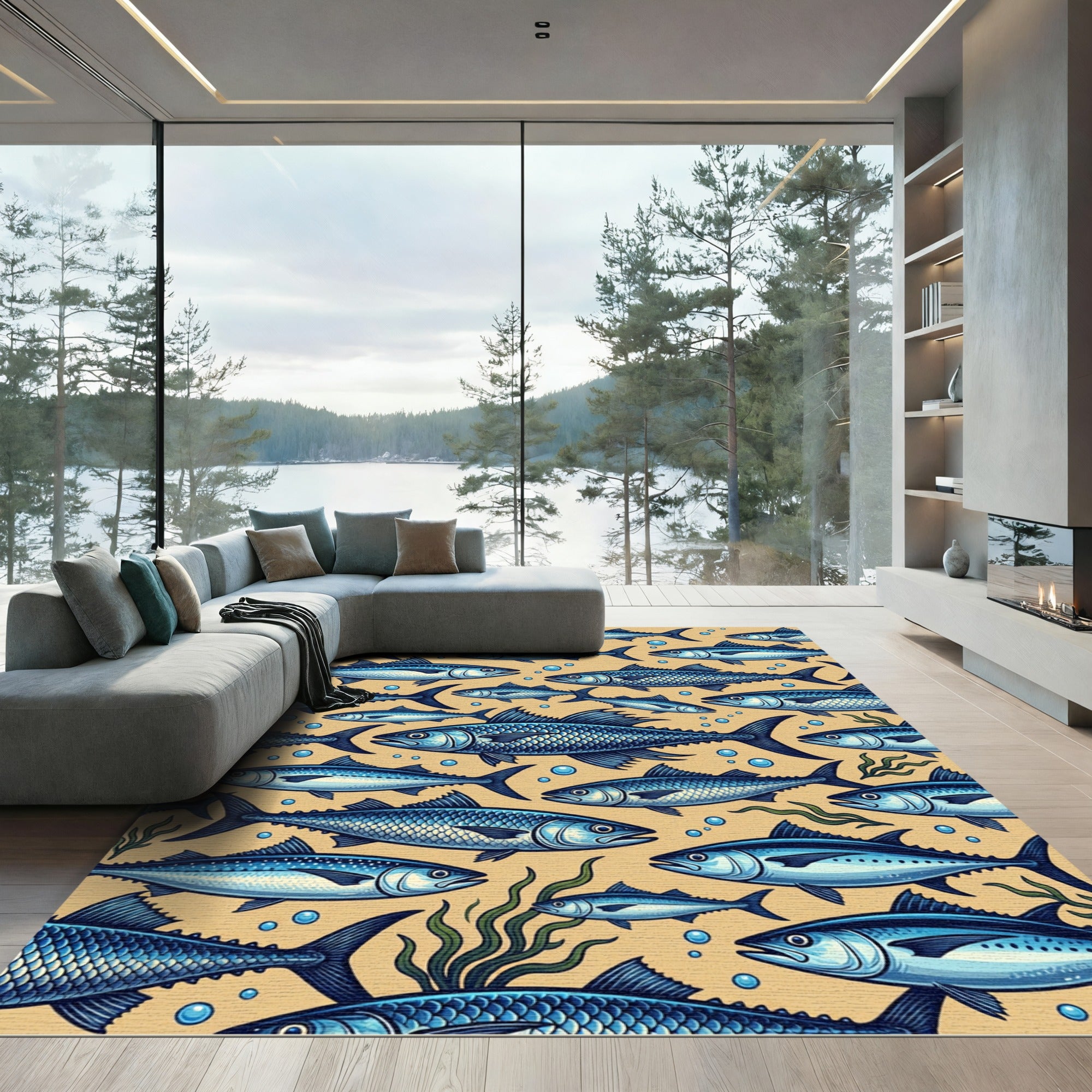 Blue Fish School Repeating Design Rug