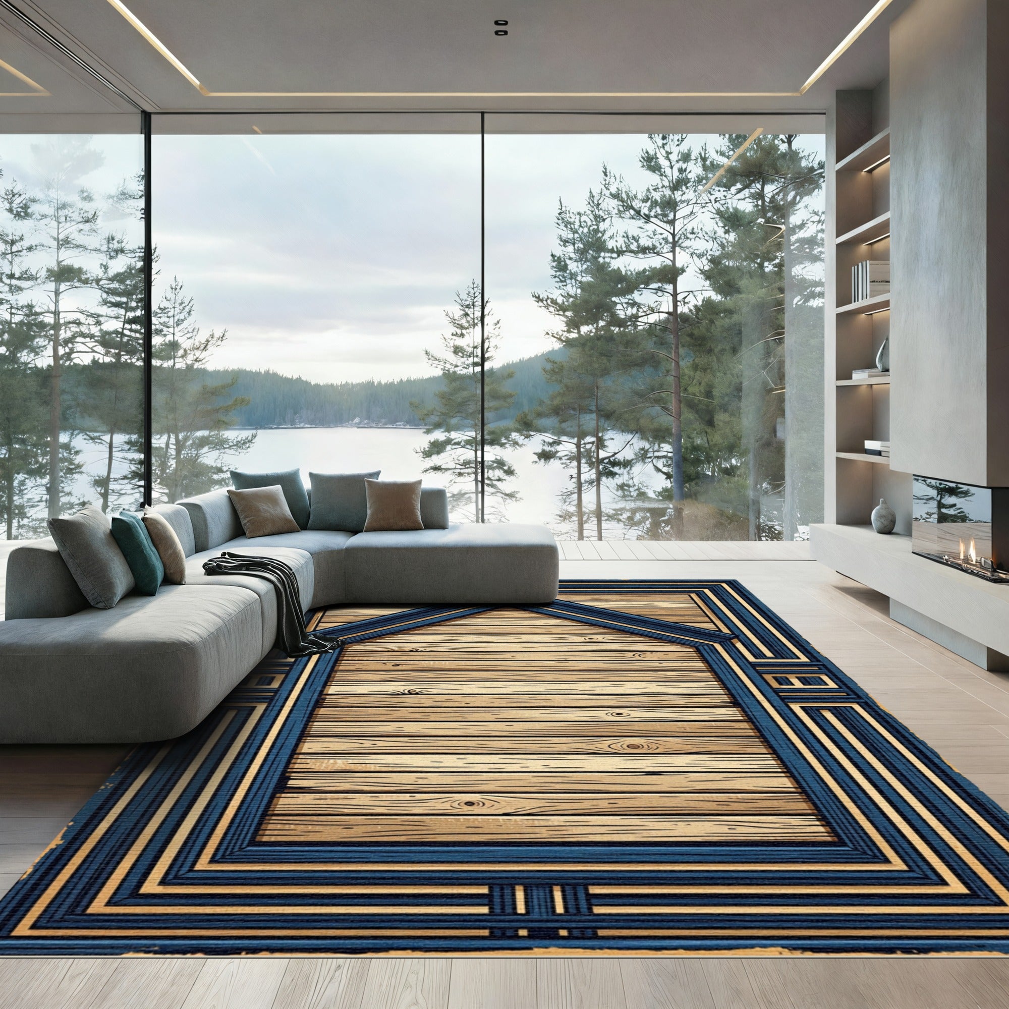 Art Deco Navy Golden Geometric Frame Rug