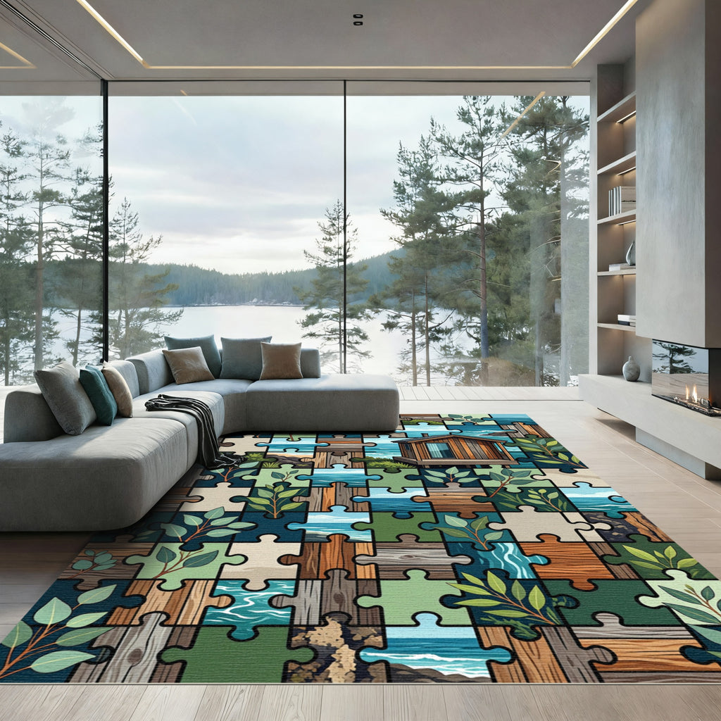 Coastal Cabin Puzzle Botanical Decor Rug