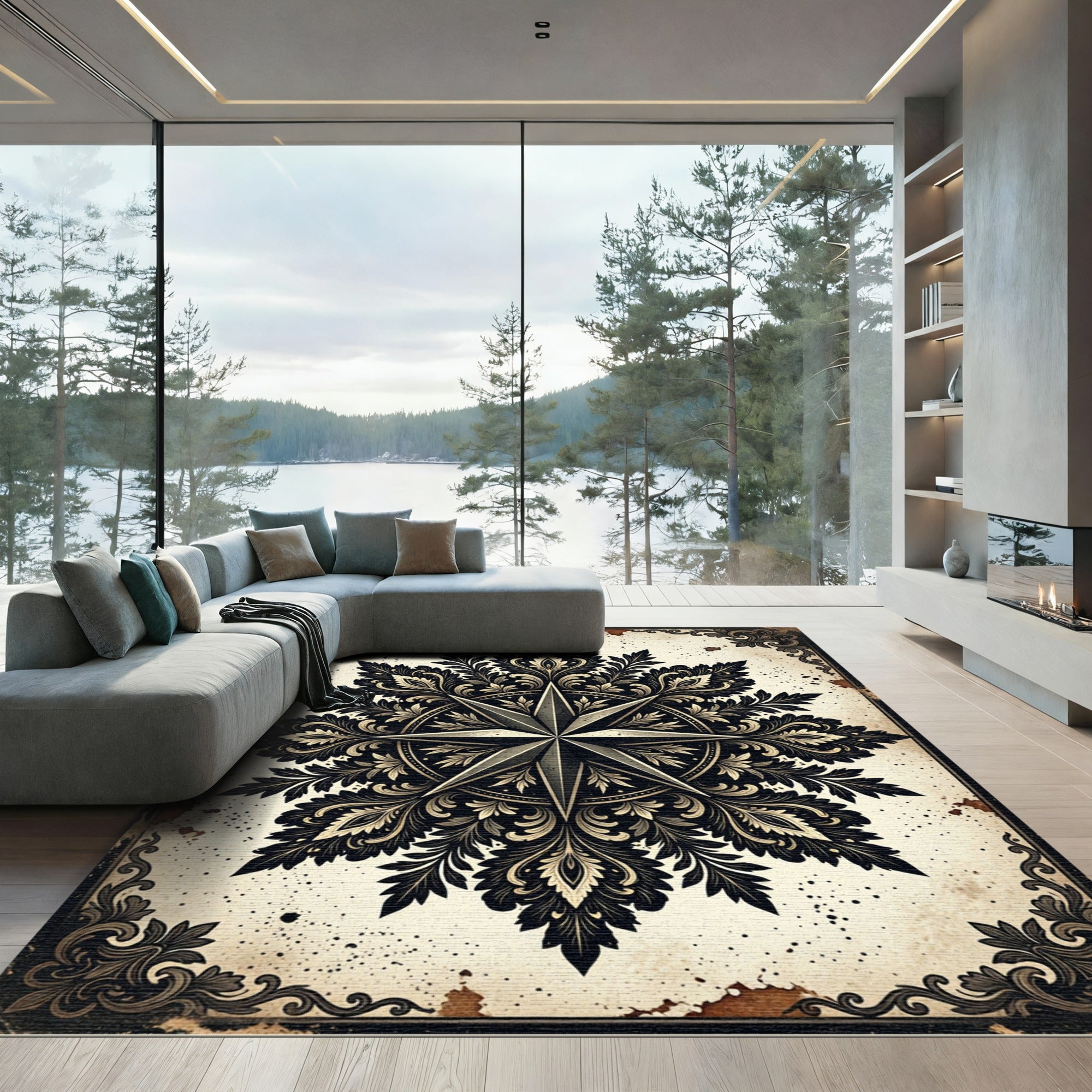 Gothic Ink Black Star Floral Medallion Rug