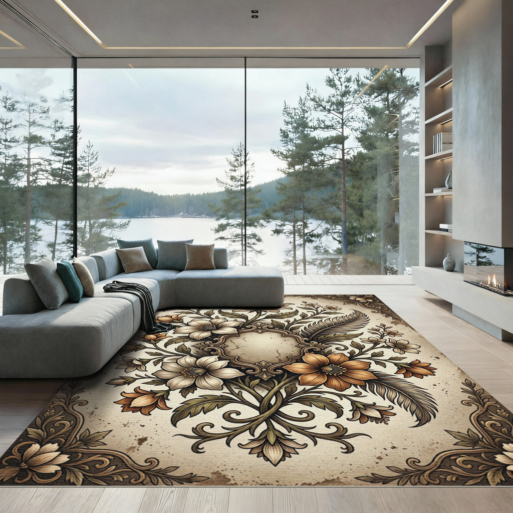 Vintage Floral Crested Feather Composition Rug