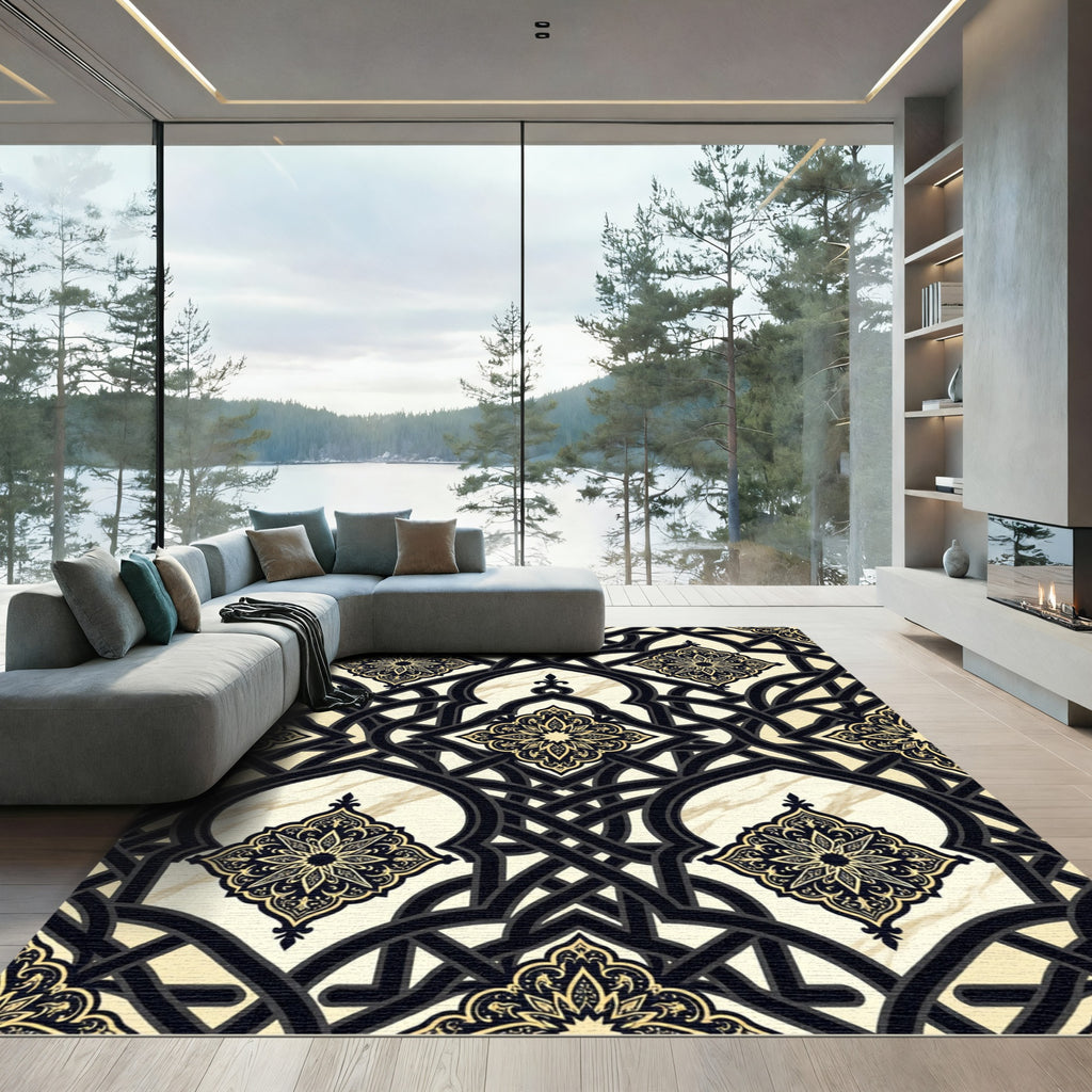 Elegant Black Gold Ornate Arched Trellis Rug