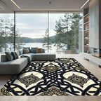 Elegant Black Gold Ornate Arched Trellis Rug