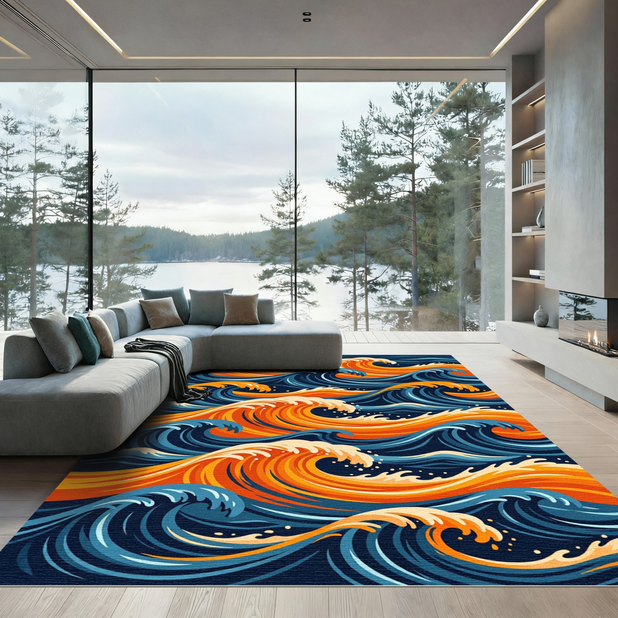 Vibrant Golden Blue Oceanic Wave Rug