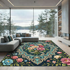 Ornate Blue Floral Bouquet Medallion Rug