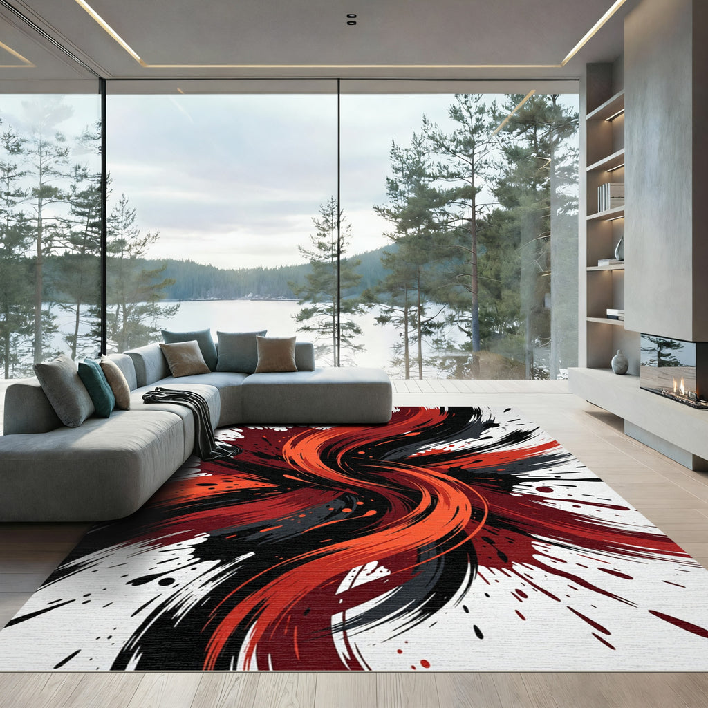 Dynamic Red and Black Abstract Swirl Rug