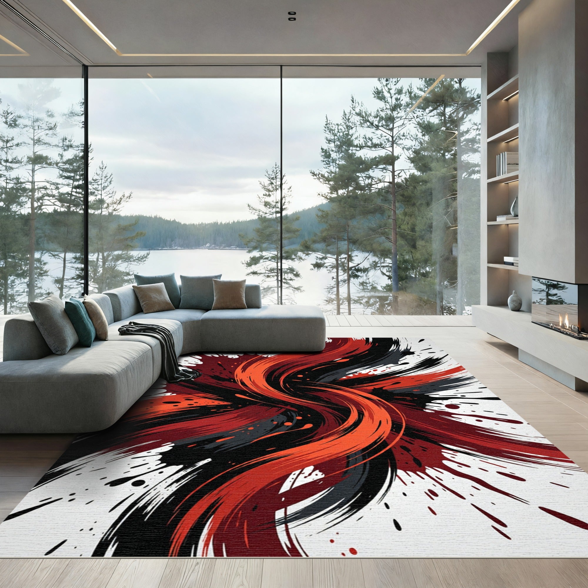 Dynamic Red and Black Abstract Swirl Rug