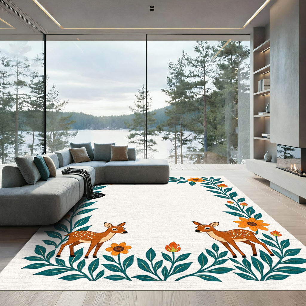 Whimsical Fawns Orange Floral Border Rug