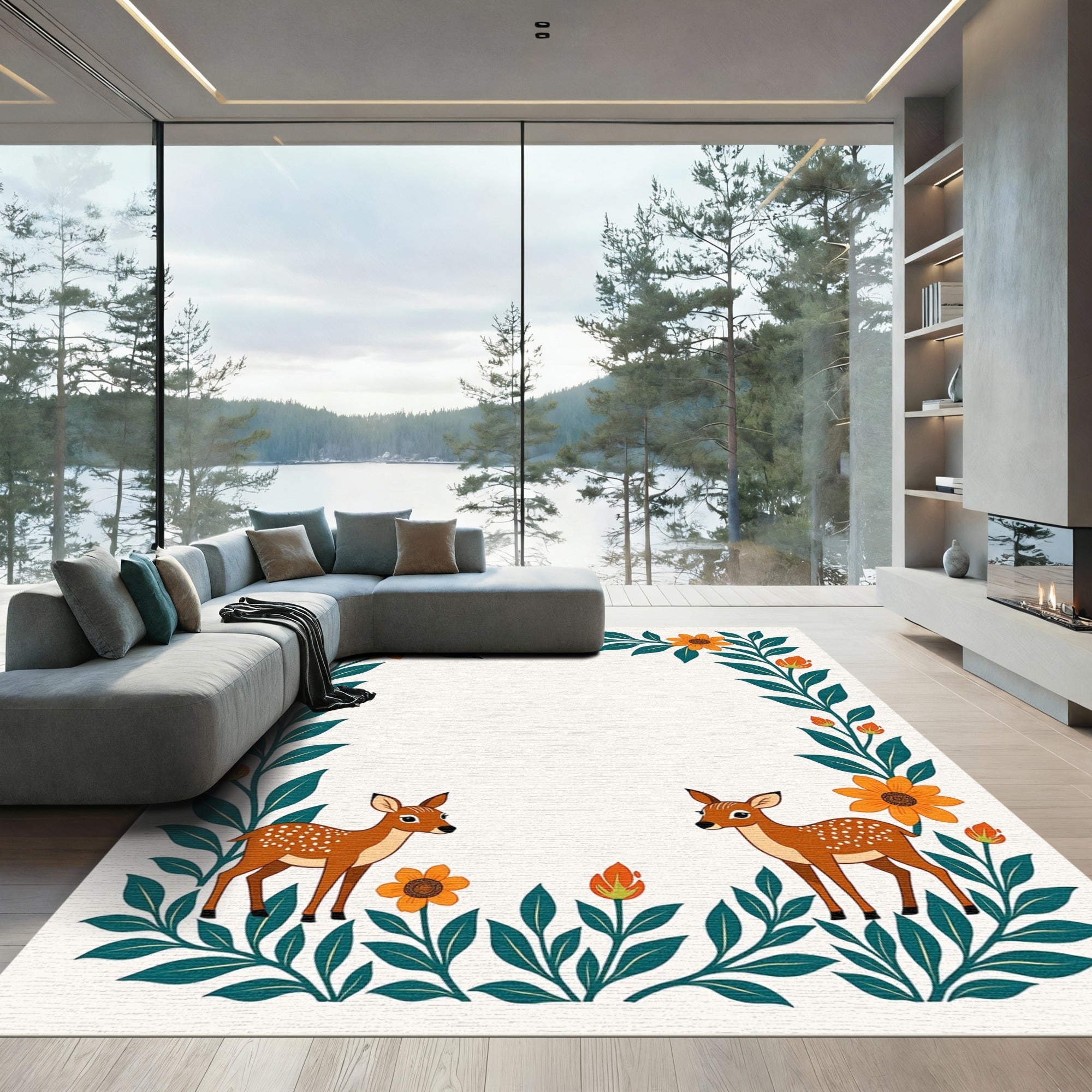 Whimsical Fawns Orange Floral Border Rug
