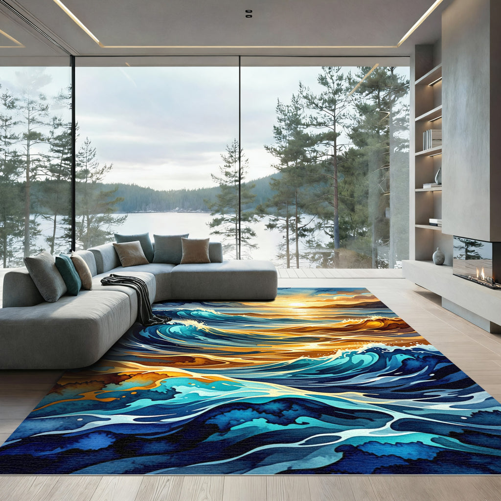 Golden Sunset Ocean Waves Abstract Rug