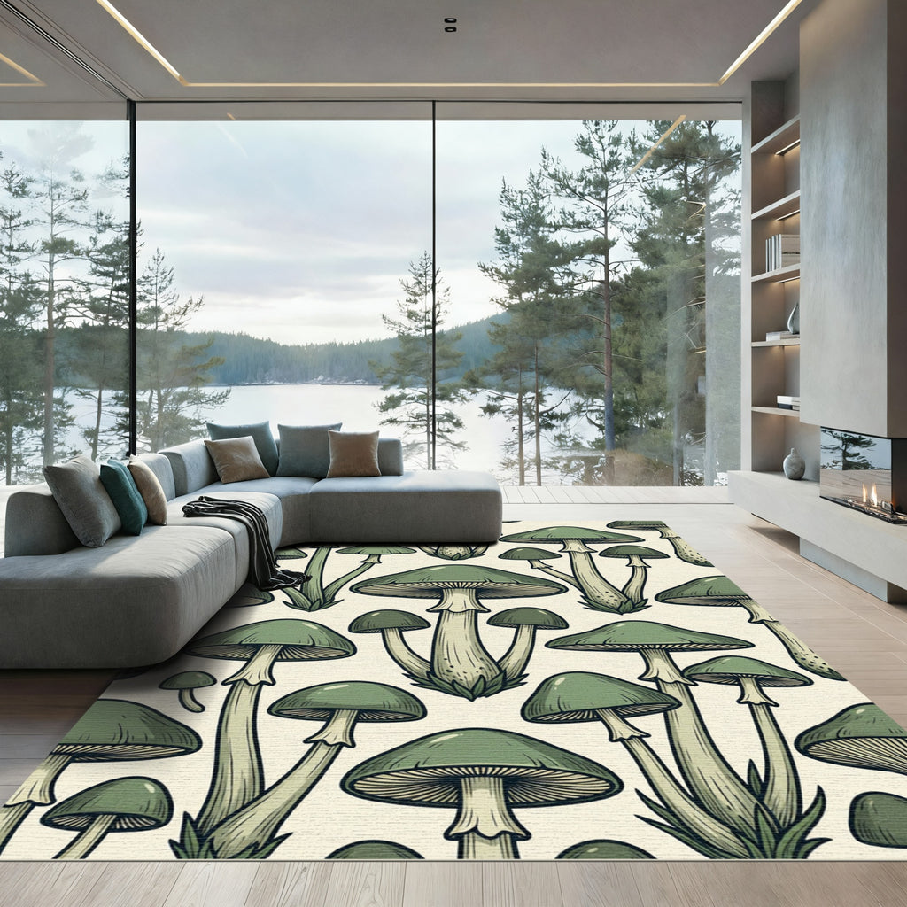 Sage Green Botanical Mushroom Illustration Rug