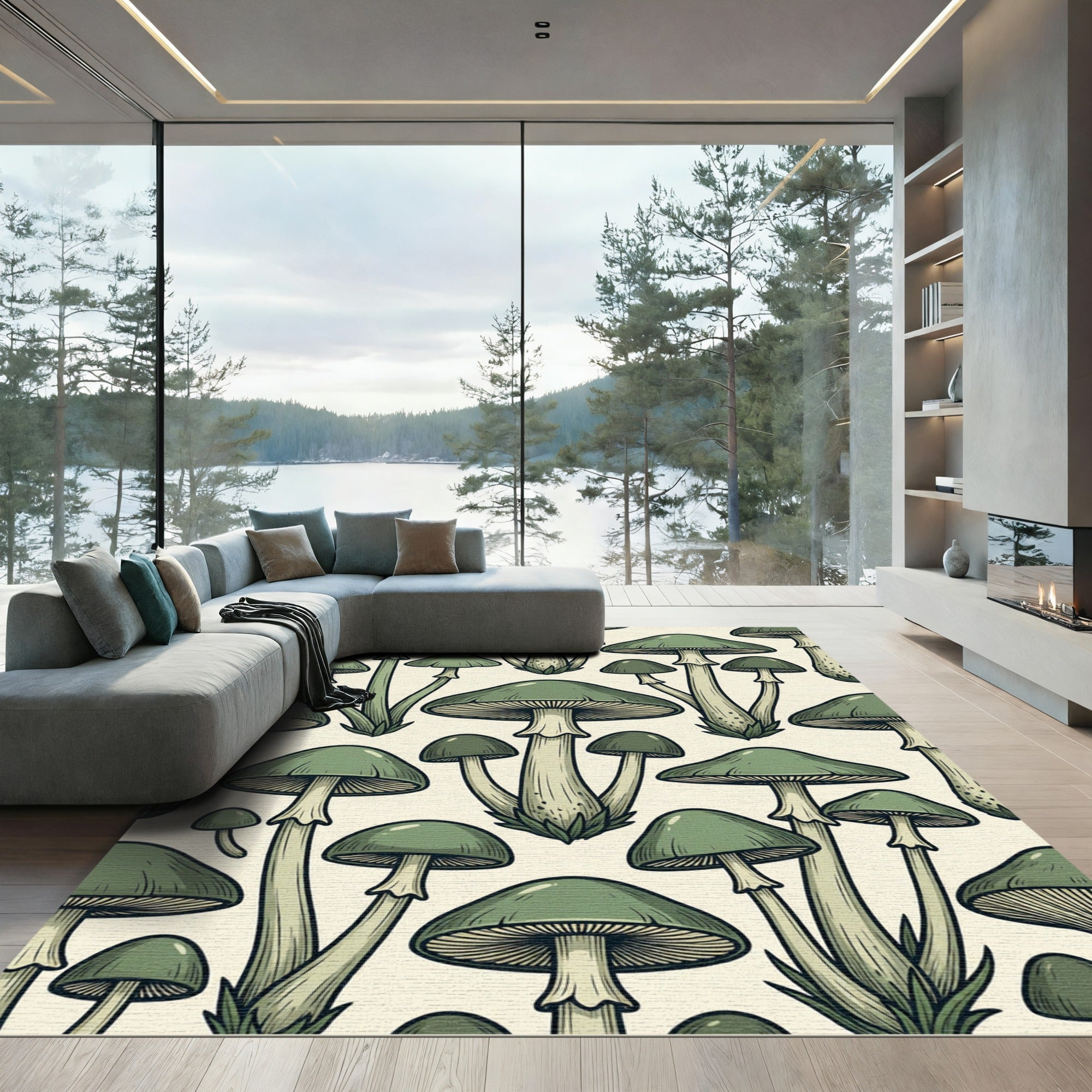 Sage Green Botanical Mushroom Illustration Rug