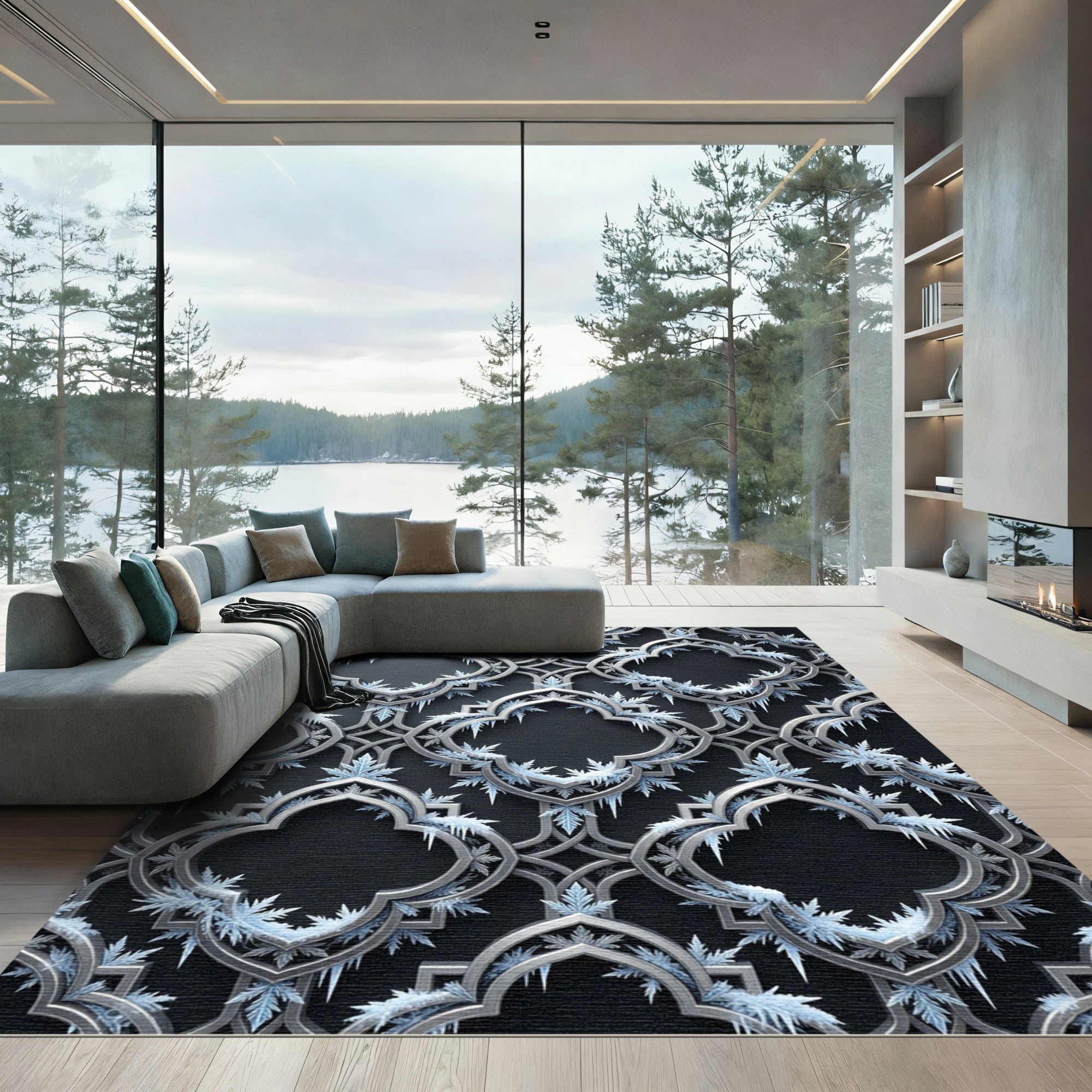 Frosted Silver Gothic Trellis Scroll Rug