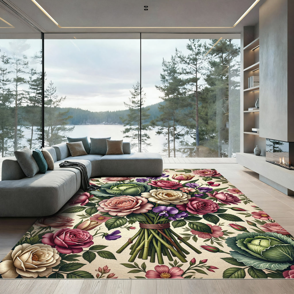 Romantic Pastel Rose and Cabbage Bouquet Rug