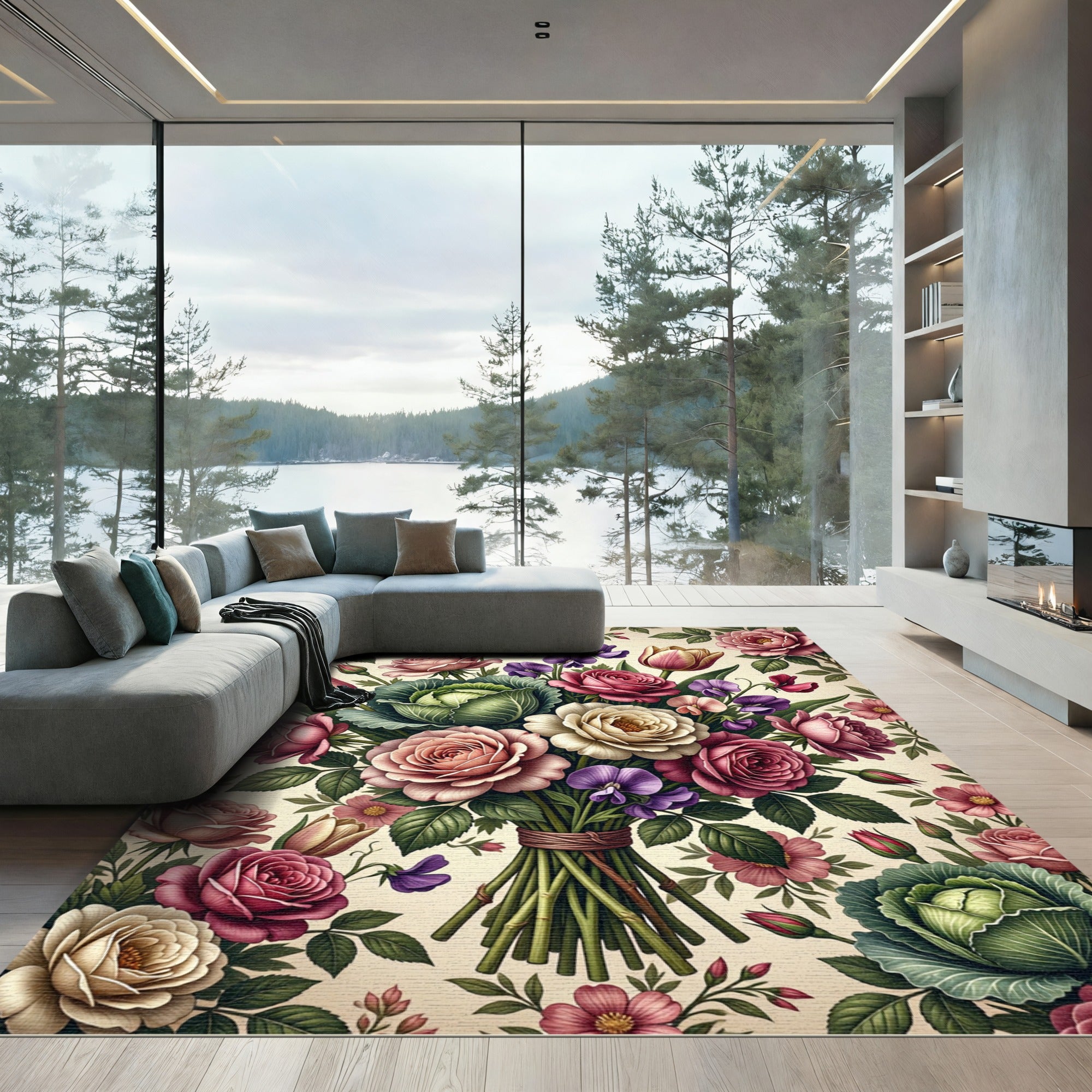 Romantic Pastel Rose and Cabbage Bouquet Rug