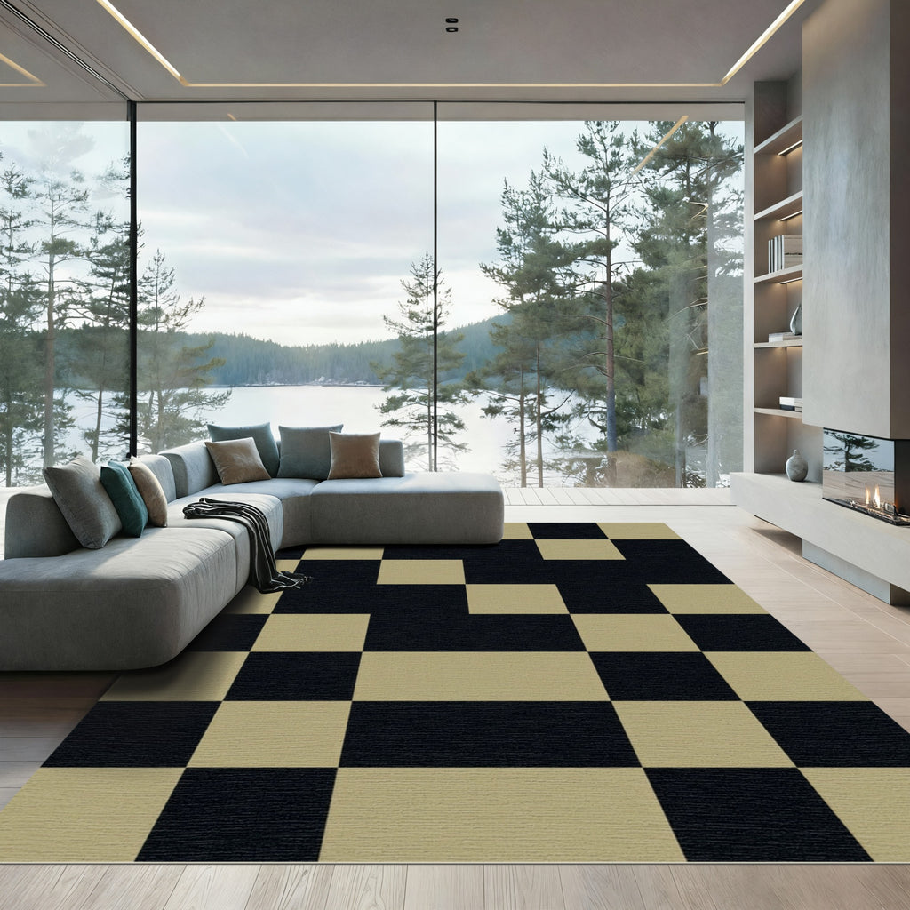 Black Tan Geometric Checkerboard Rug