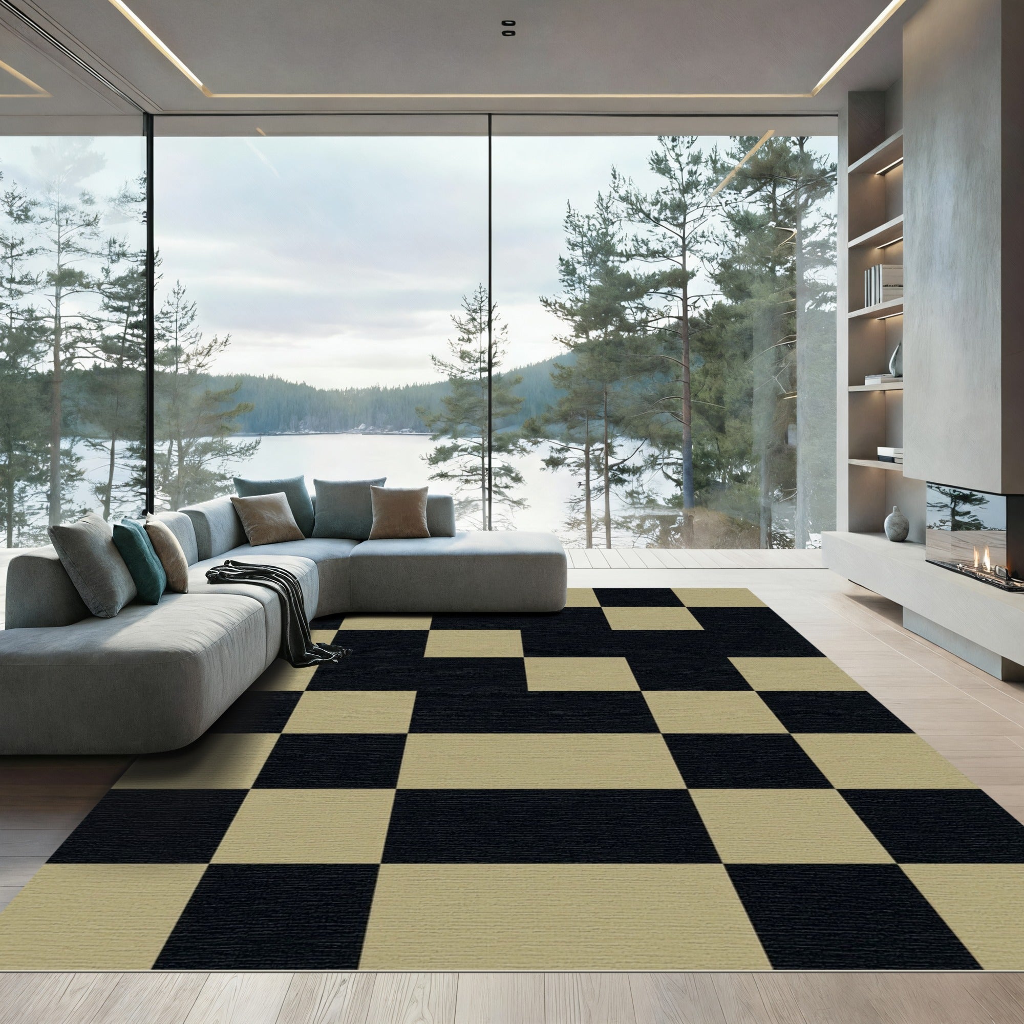Black Tan Geometric Checkerboard Rug
