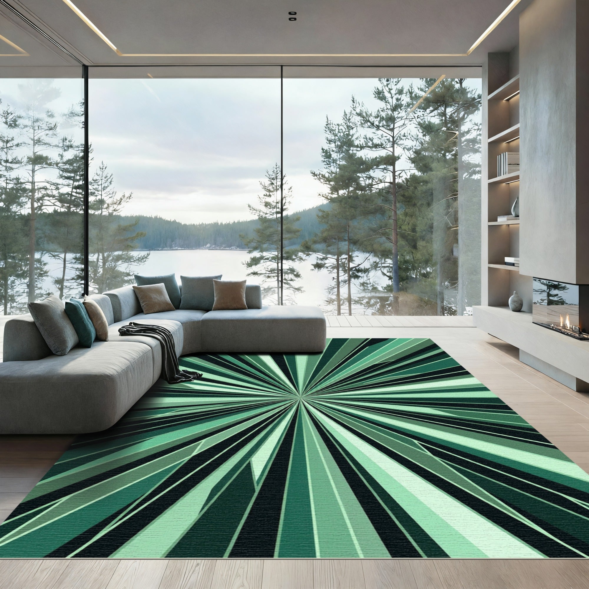 Radiant Green Sunburst Geometric Rug
