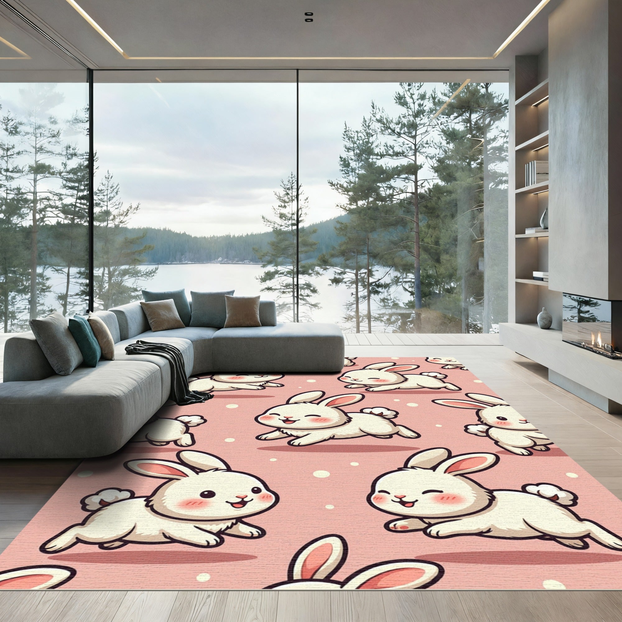 Cute Pink Bunny Rabbit Illustration Rug