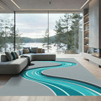 Modern Teal Abstract Wavy Flowing River Rug