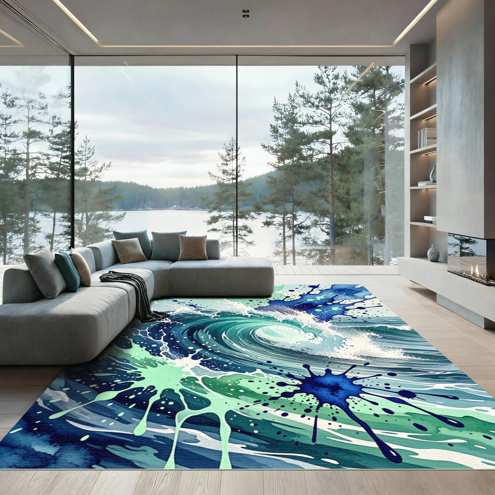 Abstract Teal Blue Ocean Wave Rug