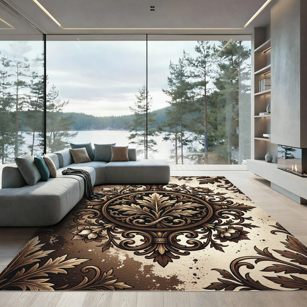 Ornate Bronze Botanical Acanthus Medallion Rug