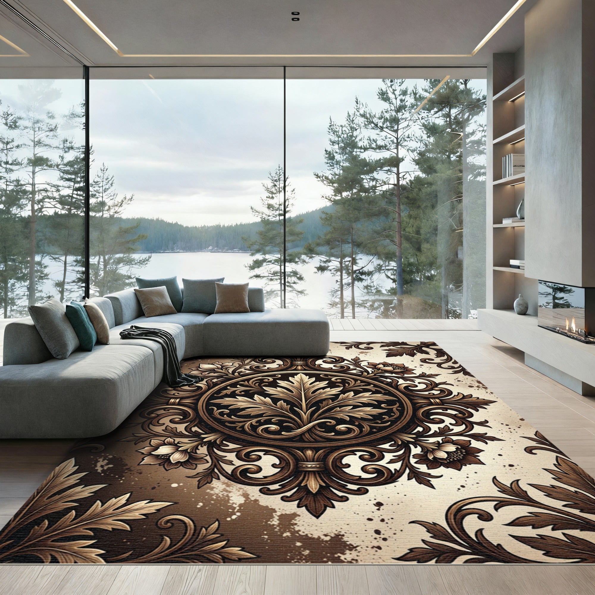 Ornate Bronze Botanical Acanthus Medallion Rug