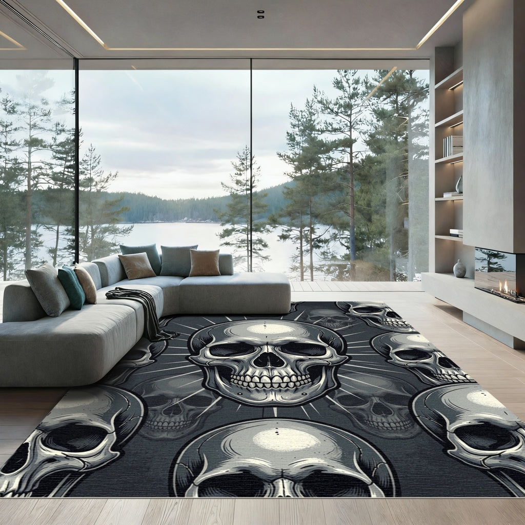 Edgy Monochrome Repeating Skull Graphic Rug