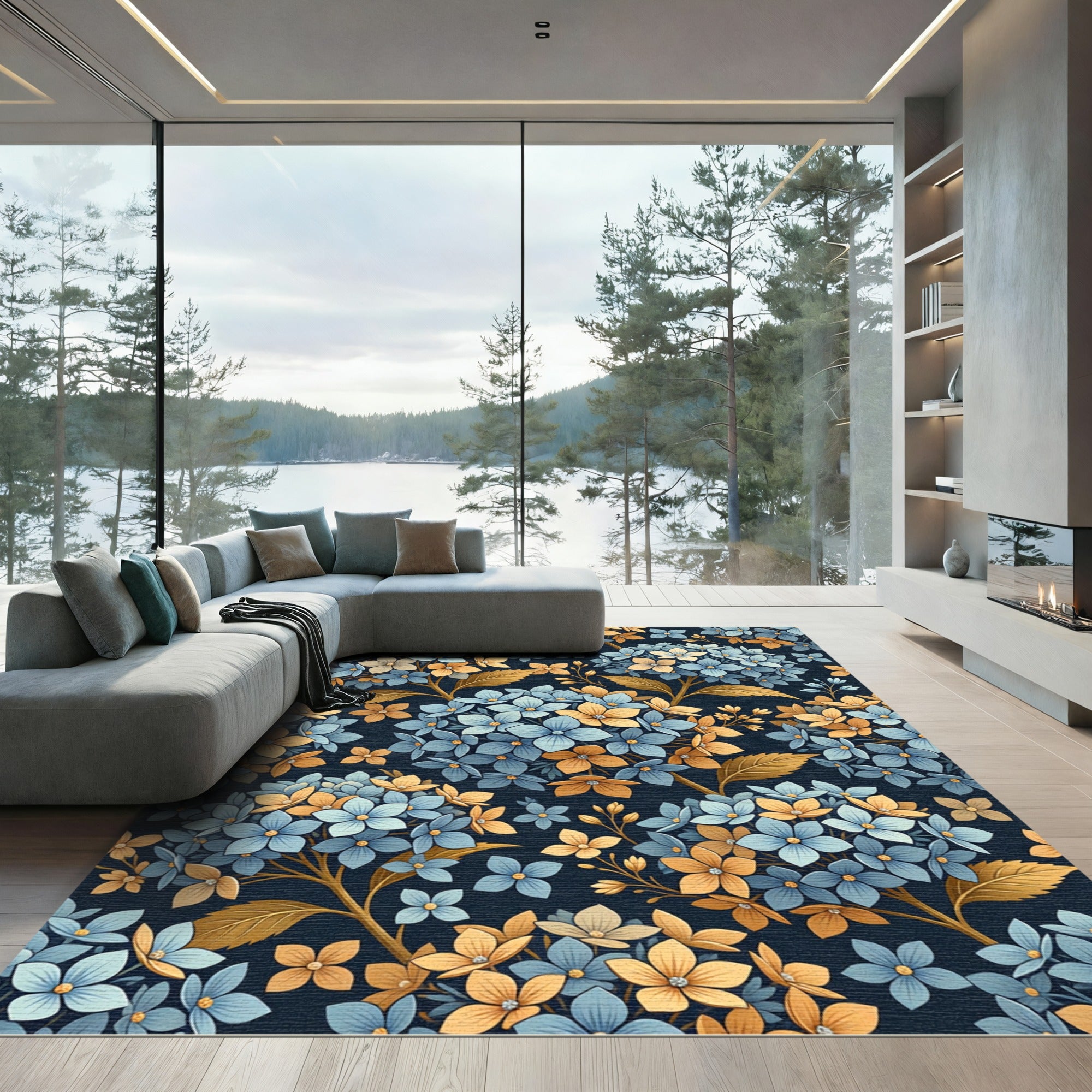 Vibrant Blue Yellow Hydrangea Botanical Rug