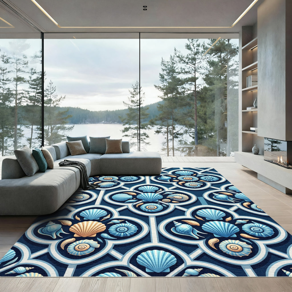 Coastal Nautical Seashell Tile Blue Rug