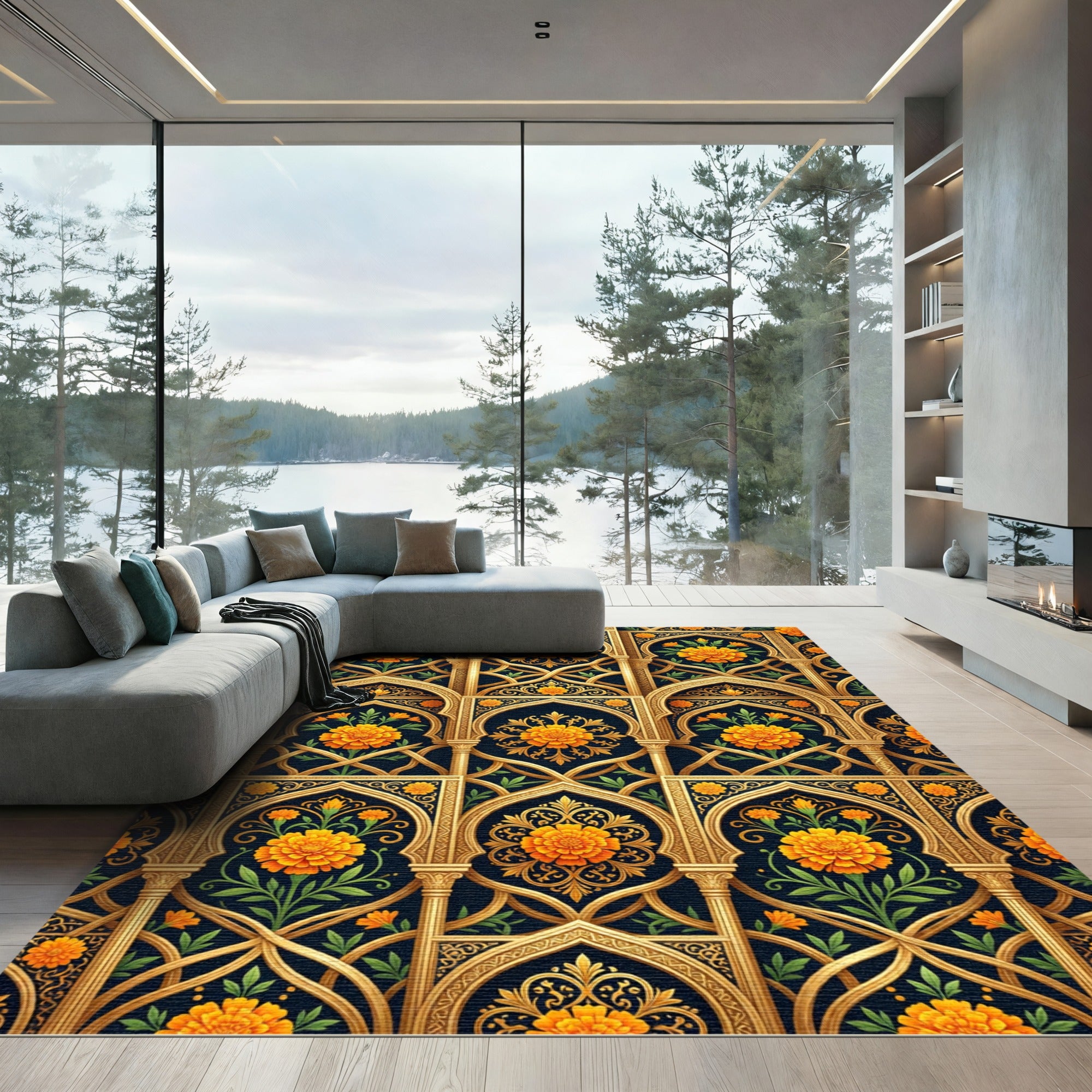 Golden Marigold Floral Arch Tapestry Rug