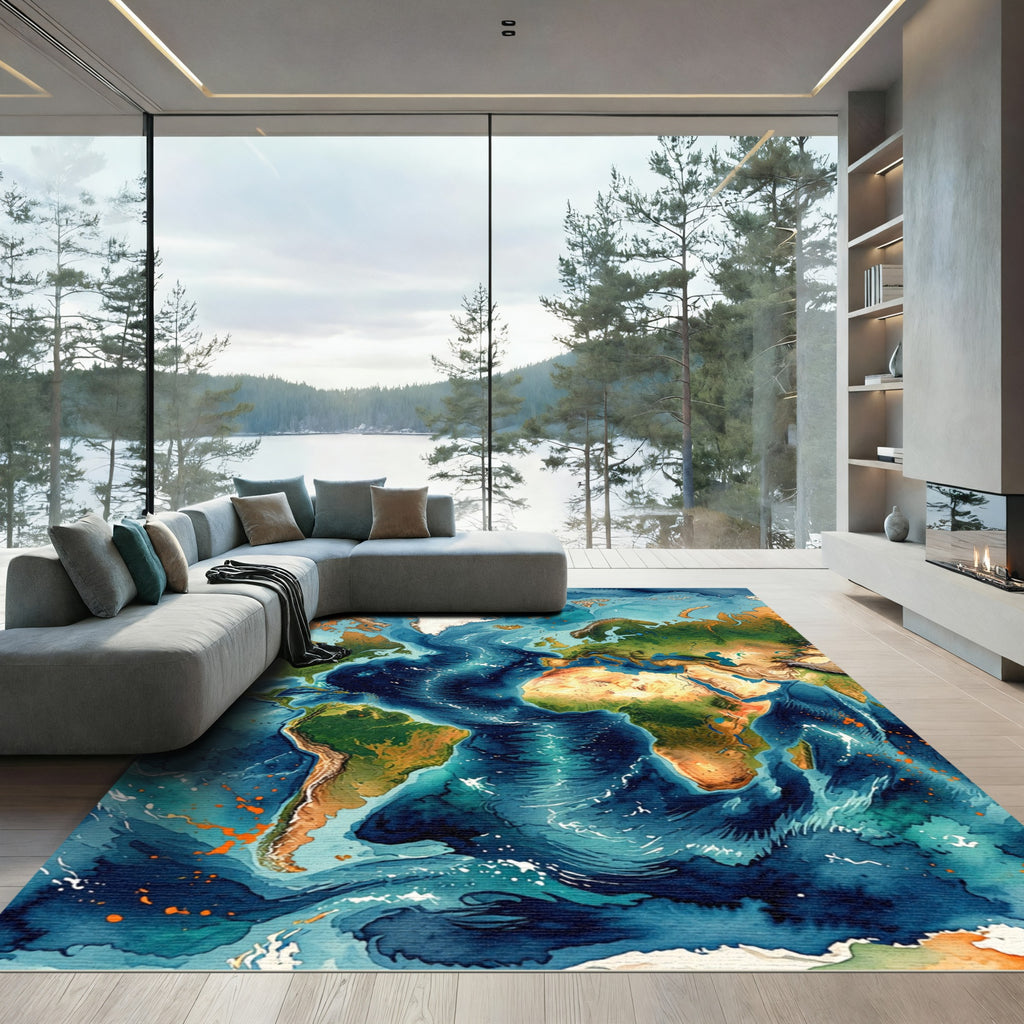 Abstract Watercolor World Map Earthy Tones Rug