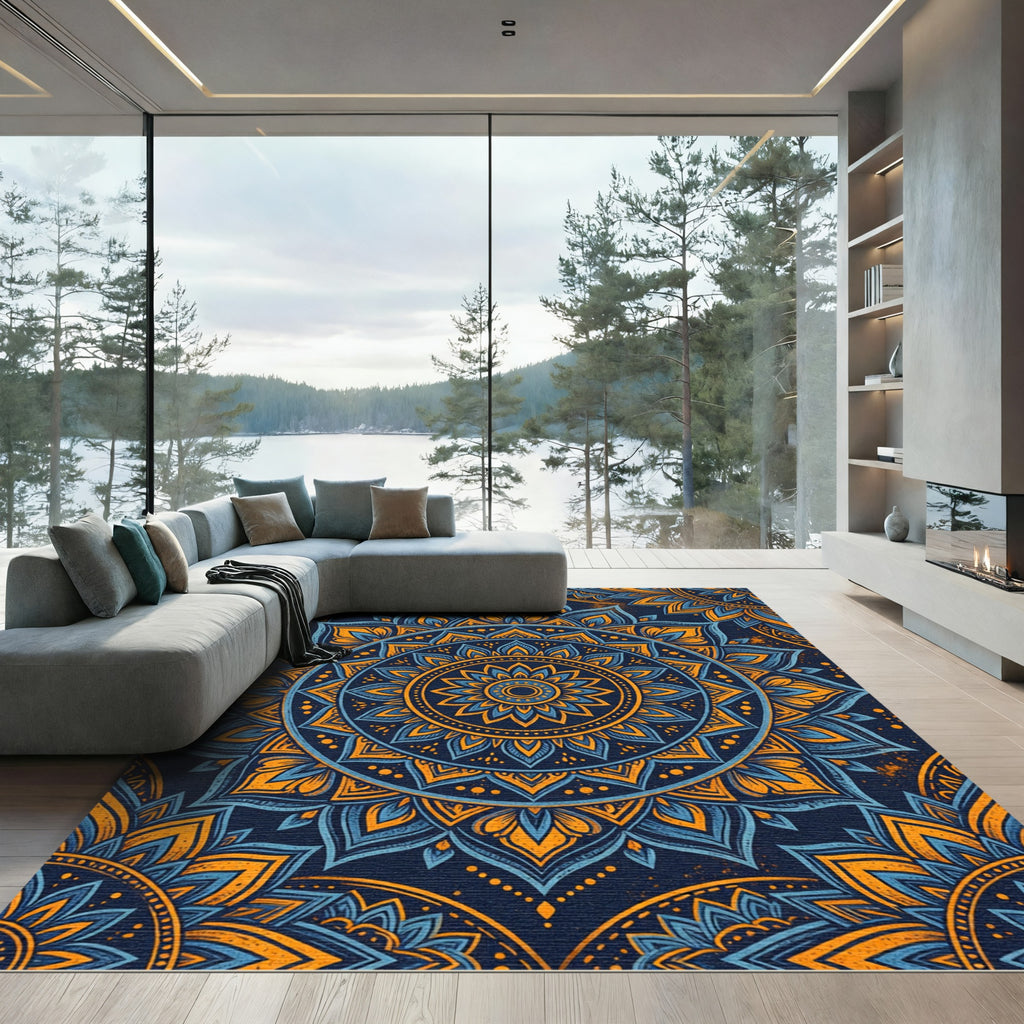 Golden Blue Ornate Circular Floral Mandala Rug
