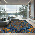 Golden Blue Ornate Circular Floral Mandala Rug