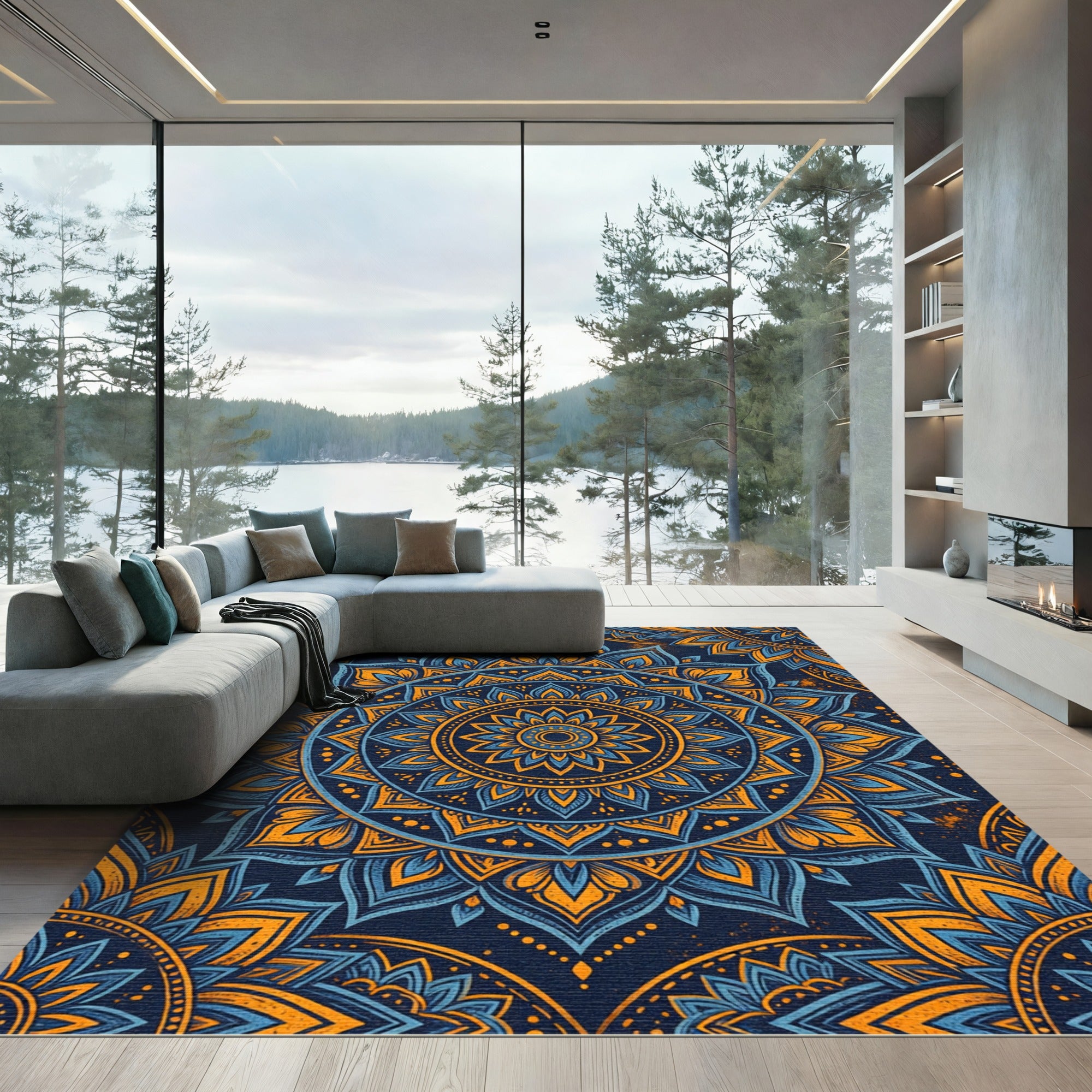 Golden Blue Ornate Circular Floral Mandala Rug
