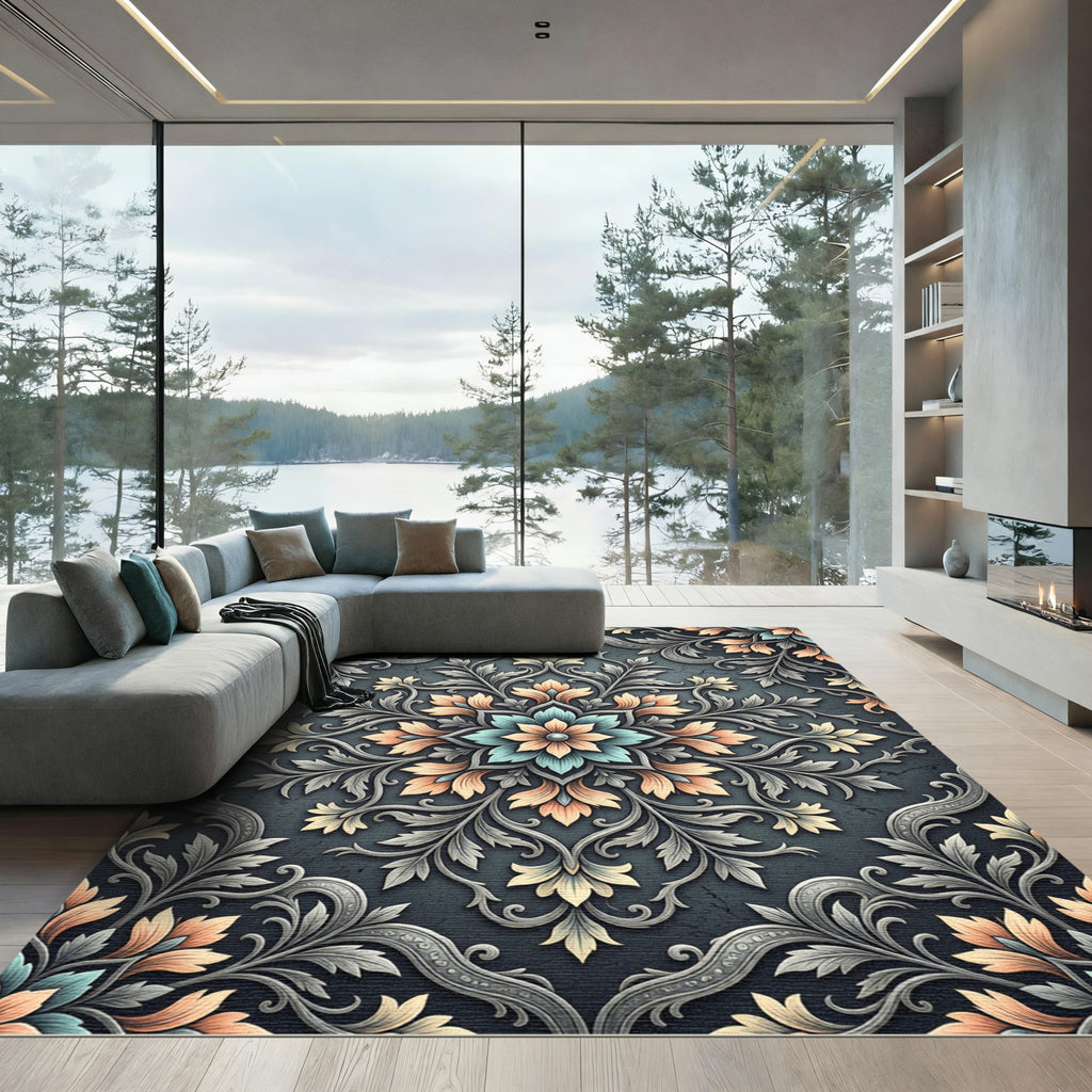 Elegant Teal and Peach Botanical Medallion Rug