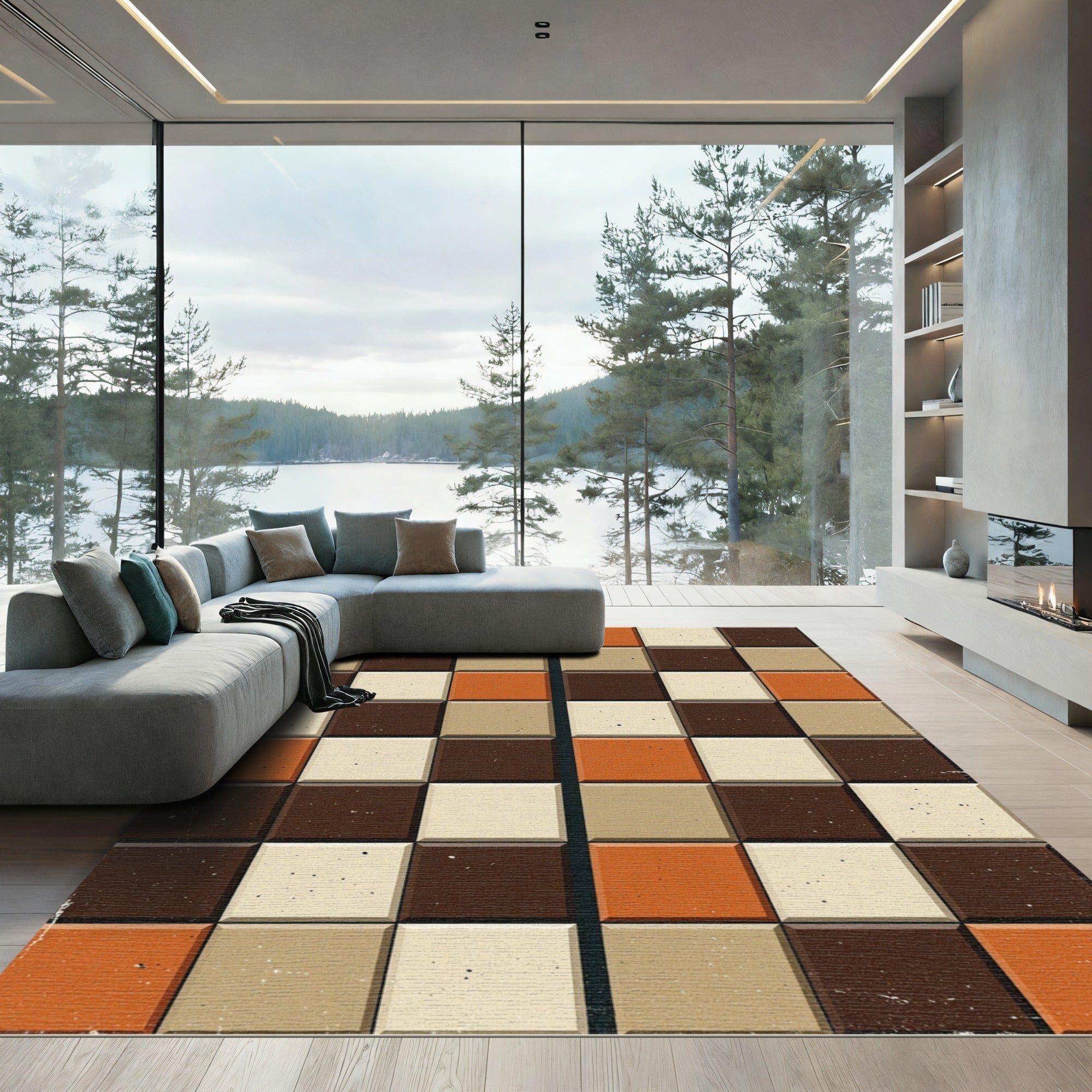 Mid-Century Earthy Toned Burnt Orange Checkered Rug