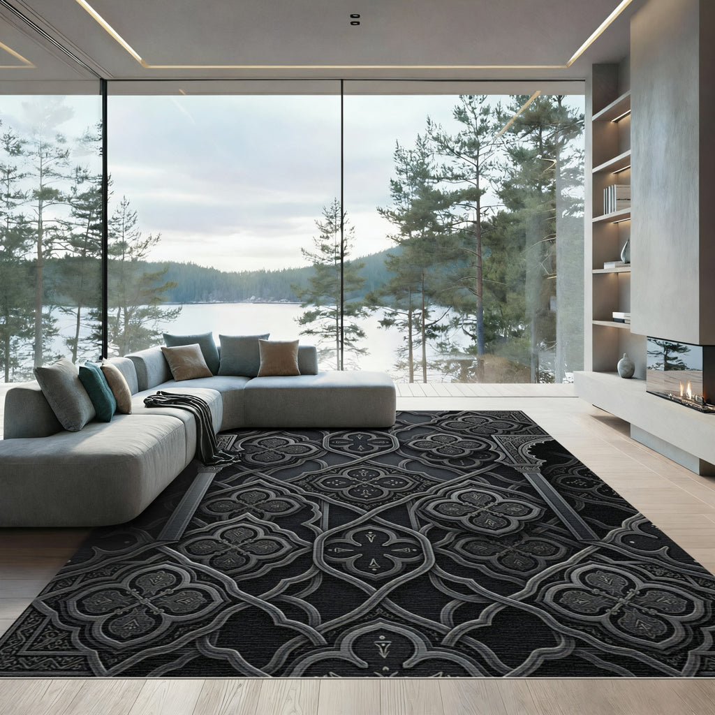 Dark Gray Ornamental Arabesque Medallion Rug