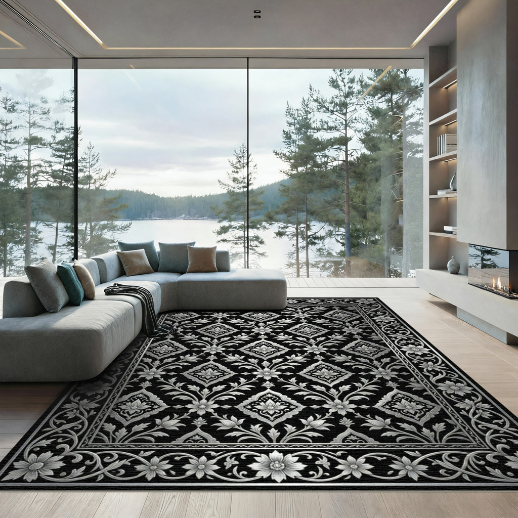 Classic Black Silver Floral Medallion Rug