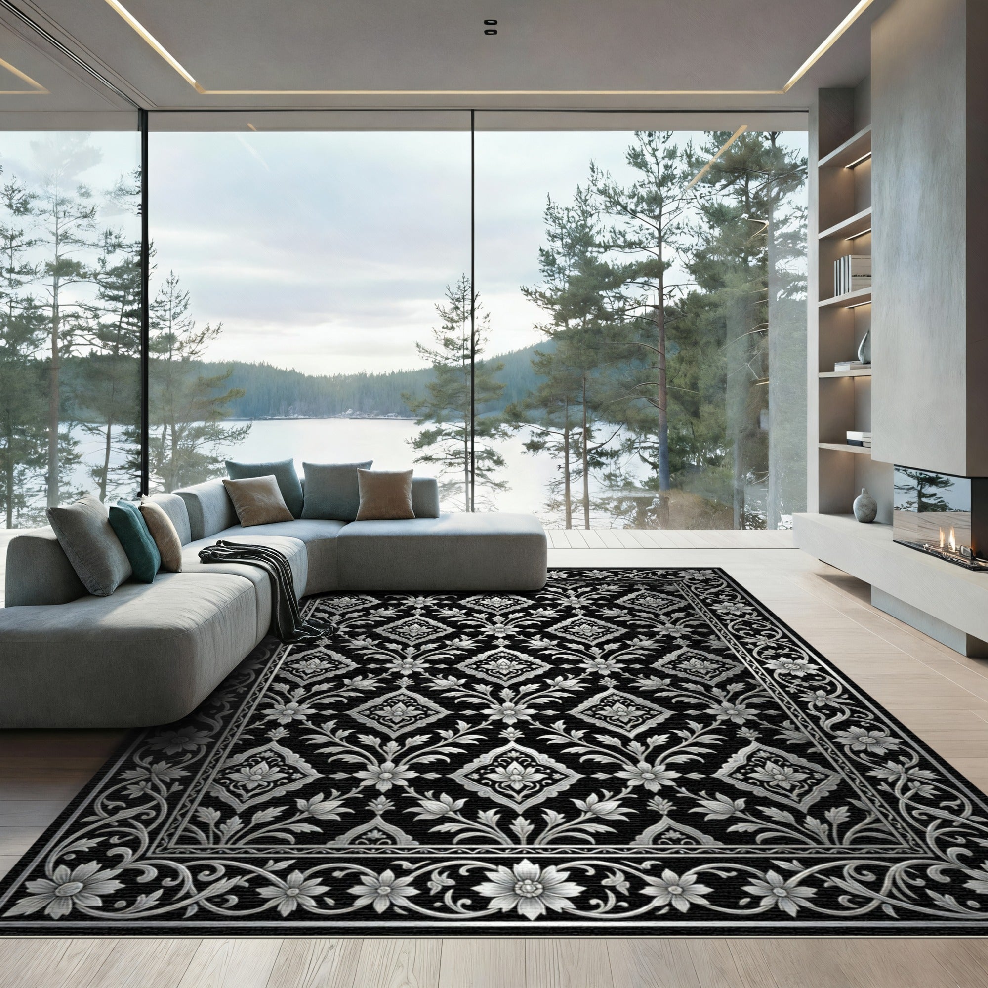Classic Black Silver Floral Medallion Rug