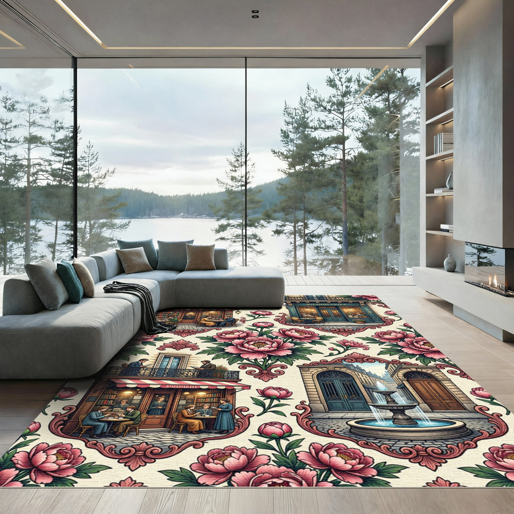 Pink Peony French Cafe Boulevard Scene Rug