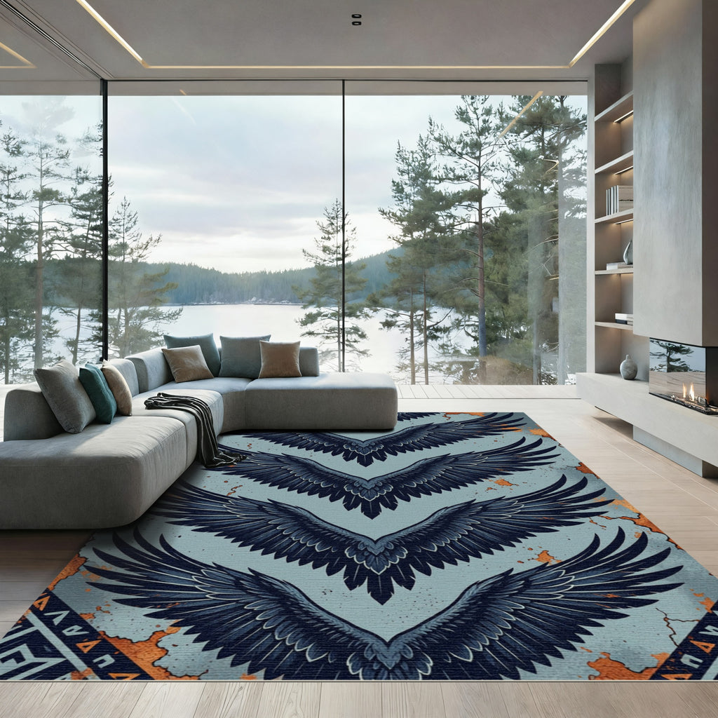 Dark Blue Feathered Wings Repeat Rug