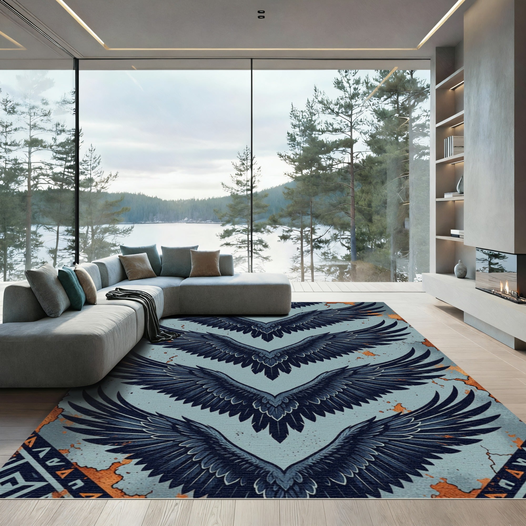 Dark Blue Feathered Wings Repeat Rug